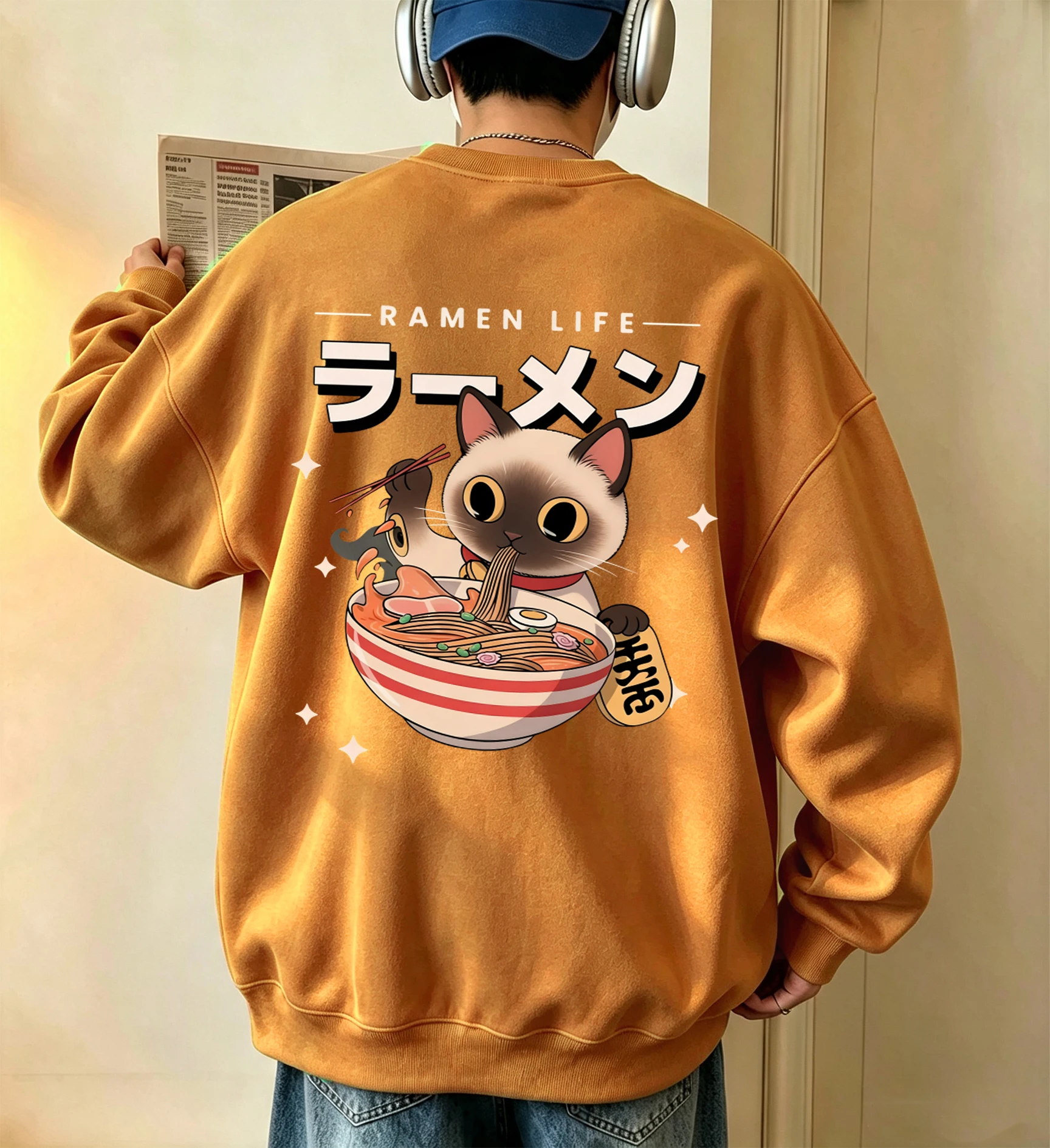 Kitten'S Daily Lamian Noodles Printed Mens Spring Autumn Sweatshirts Basics Casual Fleece Clothing Fashion Office Street Tops