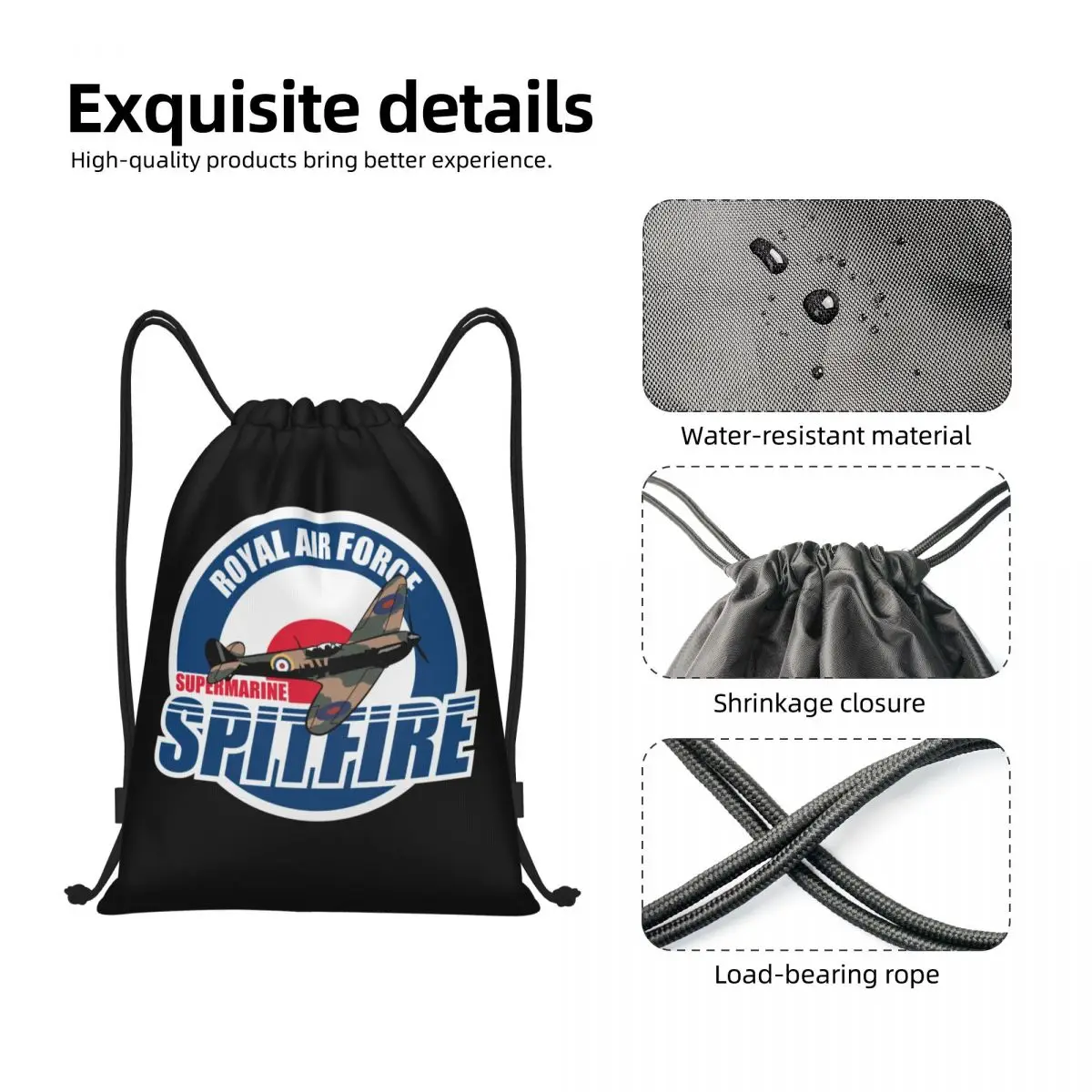 RAF Spitfire Patch Royal Air Force Drawstring Backpack Sports Gym Bag Supermarine Airplane WW2 War Plane Pilot Aircraft Sackpack