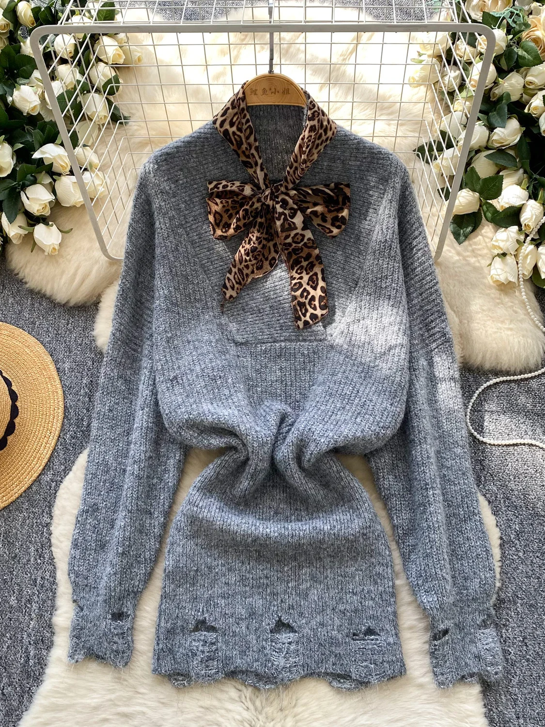Pull moulant à la mode V-ne Long Sve Wrap taille Dr avec écharpe ensemble deux pièces taille haute ligne a trajet d'été coréen S...