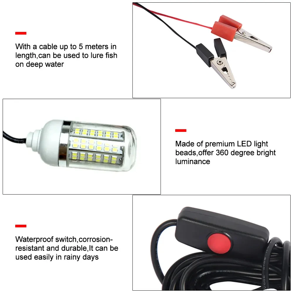 12V LED Luce da pesca 100W Ip68 Richiamo Fish Finder Lampada 108 led 2835SMD Attira gamberi Calamari Krill 4 colori Luci subacquee