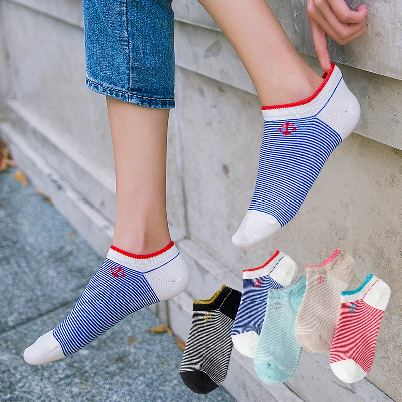 5 Pairs Women Casual Boat Socks Spring Summer Autumn Candy Color Cute Ship Anchor Striped Comfortable Female Short Ankle Socks