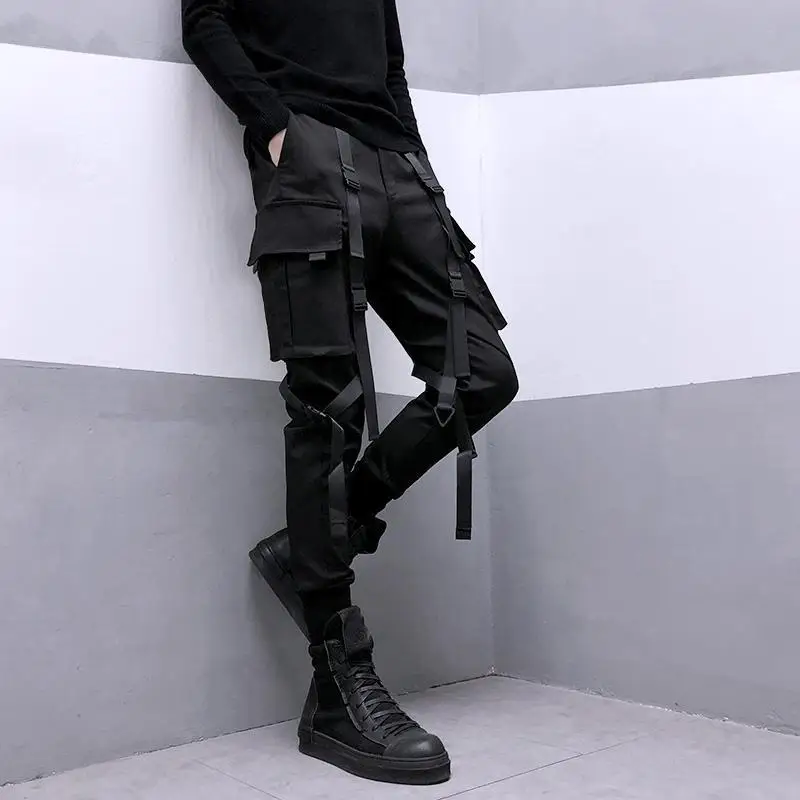 Pantalon Cargo noir pour hommes, avec poches en ruban, Streetwear japonais, Hip Hop, Harajuku, sarouel à la mode, printemps 2024