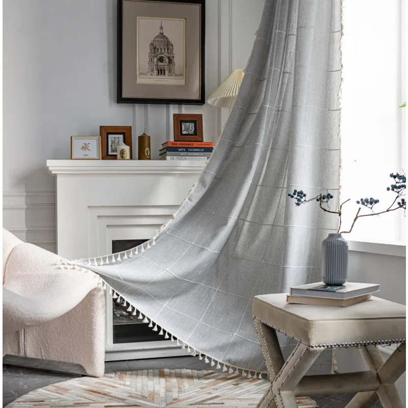 

Japanese Cotton and Linen Plaid Window Curtain Semi-shading Valance for The Luxury Living Room Tulle for Living Room