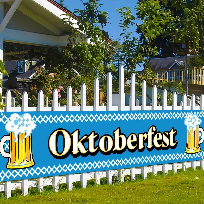 Cartel de celebración de Oktoberfest, anuncio de jardín de cerveza a cuadros azules y blancos
