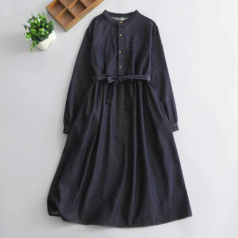 

Джинсовое платье трапециевидной формы в стиле ретро, большие размеры, женское весеннее повседневное хлопковое платье с поясом для похудения, длинное платье миди Dr