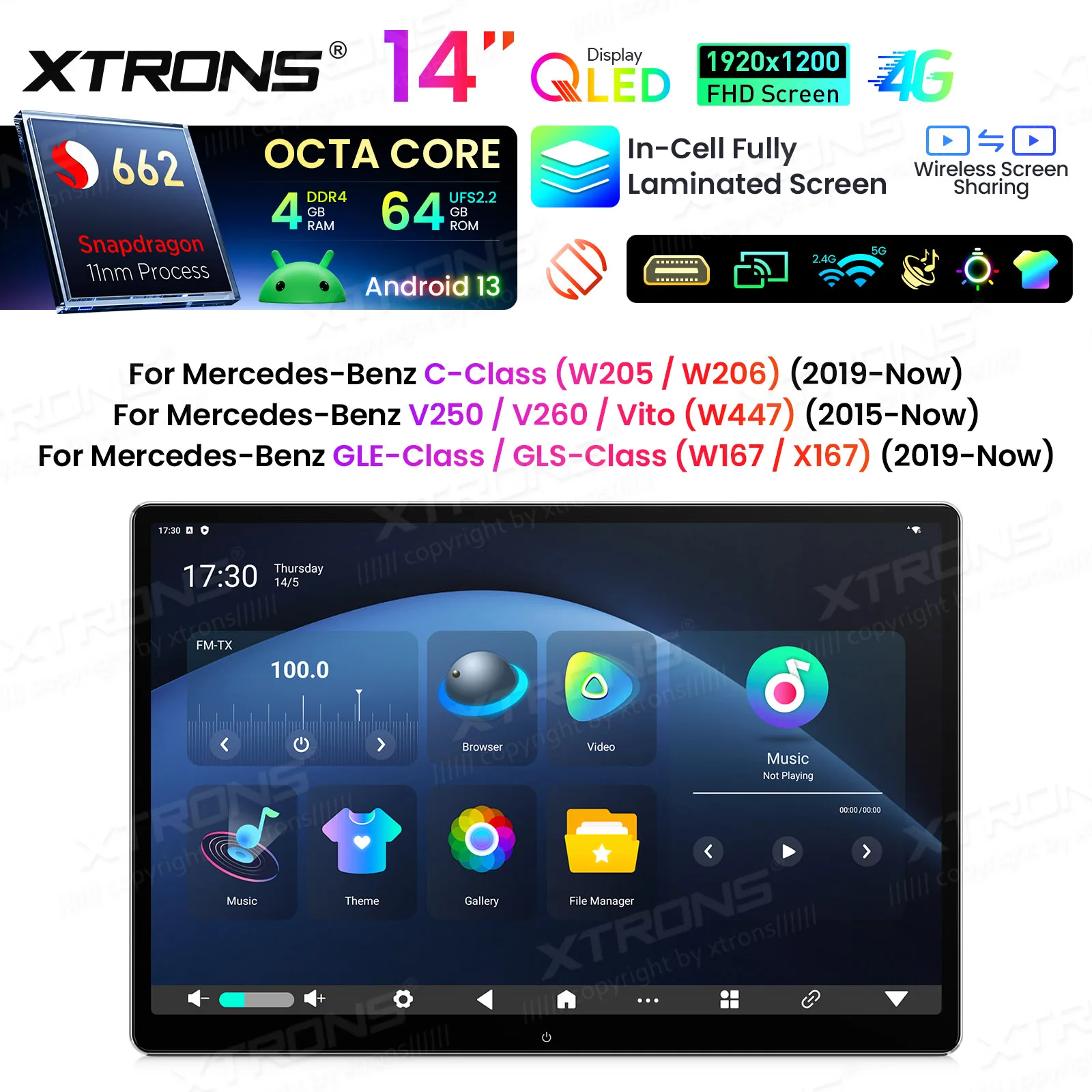 XTRONS 14'' Car TV Android Rearseat For BENZ C GLE GLS Class W205 W206 V250 V260 Vito W447 2015-Now Rotatable Screen 8Core 4 64G