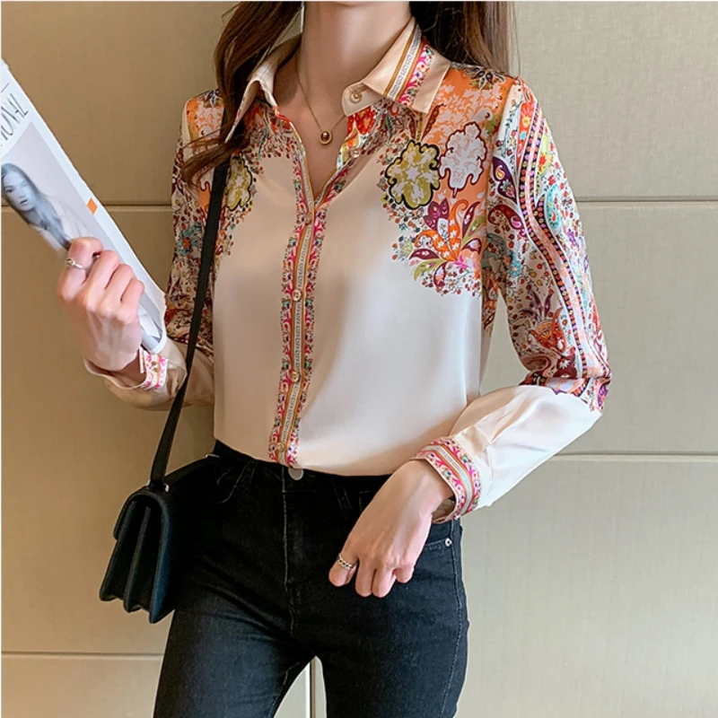 2024 Autumn Fashion Floral Print Blouse Women Satin Shirts Office Lady Elegant Tops Long Sleeve Silk Clothes 18440