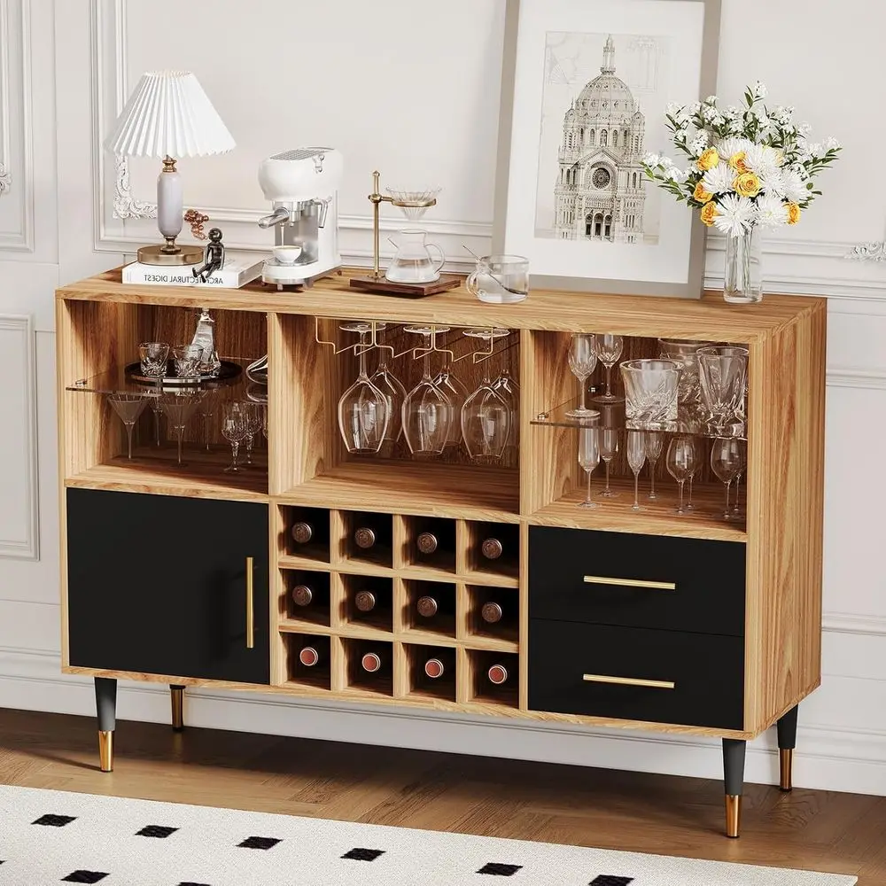 

LED-Illuminated Wine and Coffee Bar Cabinet with Charging Station for Living and Dining Rooms in Black