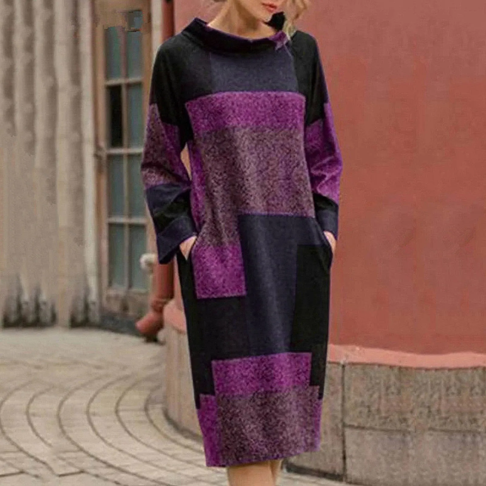 Geometrie Patchwork lässig O-Ausschnitt Sommerkleid Kurzarm lässig täglich tragen Langarm Rundhals Pullover Kleider Vestidos