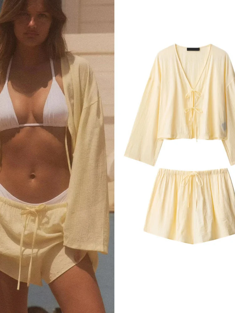 

New Summer Women's irt Long Sve Loose Waist ort Pants Wrinkle Effect Faion Set V-ne Brandl 2025 Summer Collection