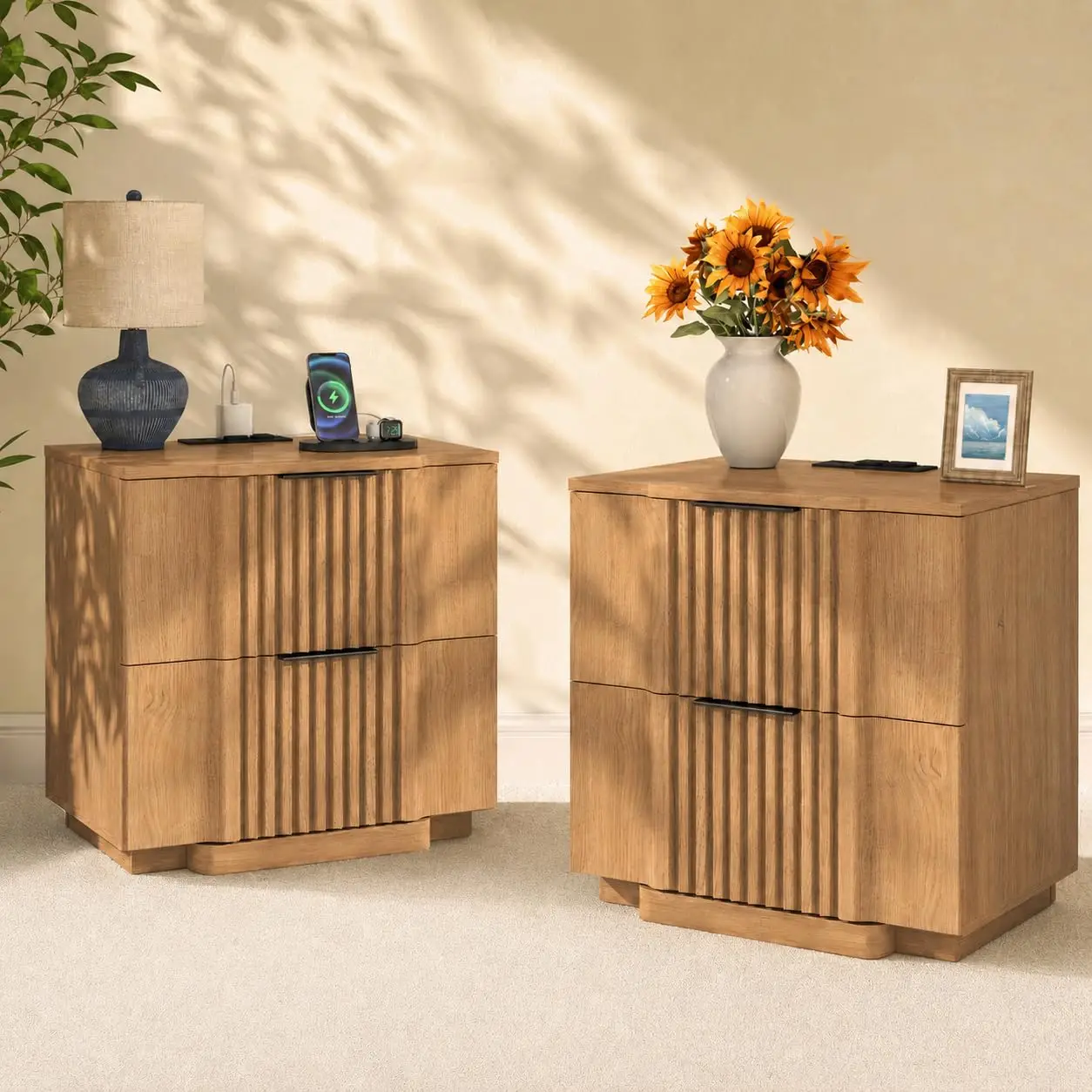 Fluted Nightstand Set Of 2 With Ultra-Fast Charging Station, Natural, Customized