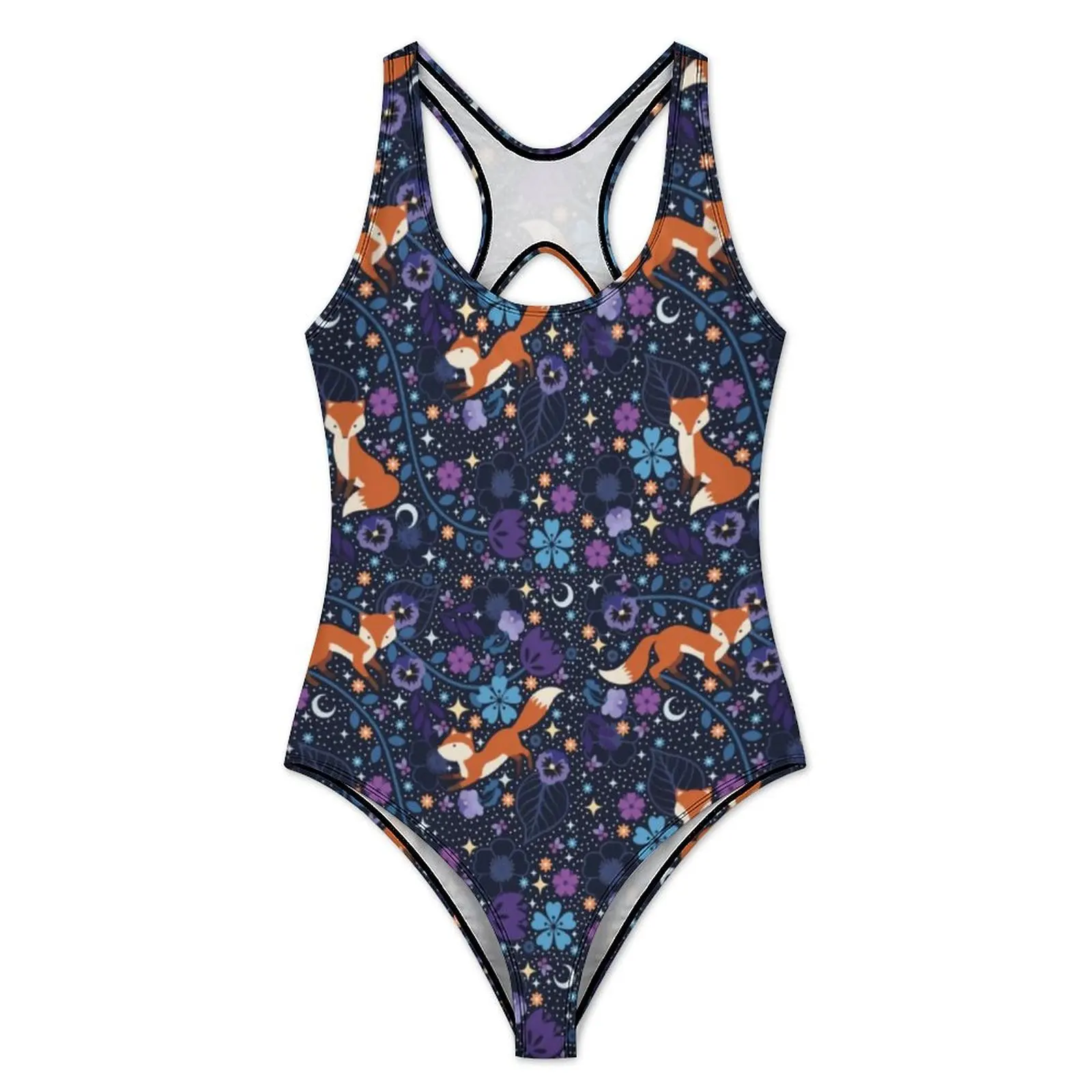 Dreamy Folk Fox Swimsuit Sexy Blue Floral Female Swimwear One Piece Elegant Bodysuit Vacation Bath Push Up Hollow Out Monokini