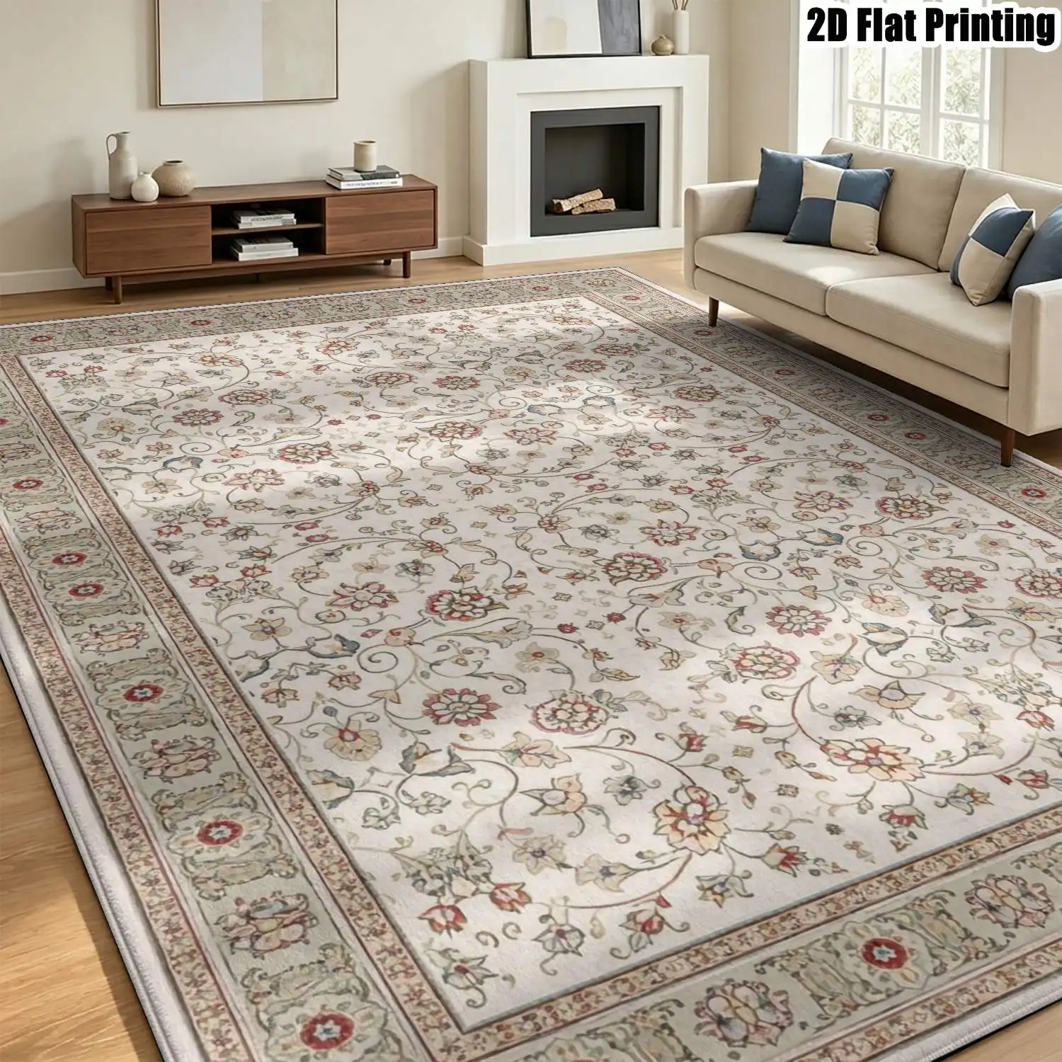 1Pc 2D Printed Beige Base Red-Brown Floral Vintage European Carpet, Machine Washable, Multi-Size for Home Decor, Living Room, Bedroom, Dining Room, Entrance, Study