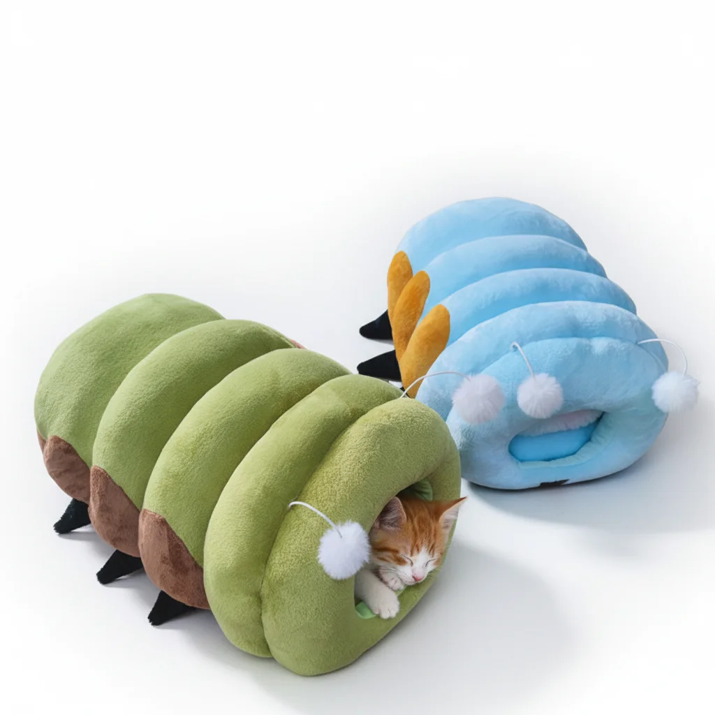 Semi Closed Caterpillar Cat Nest Cartoon Print Breathable Plush Pet Kennel Small Warm Winter Dog House Indoor Bed Removable