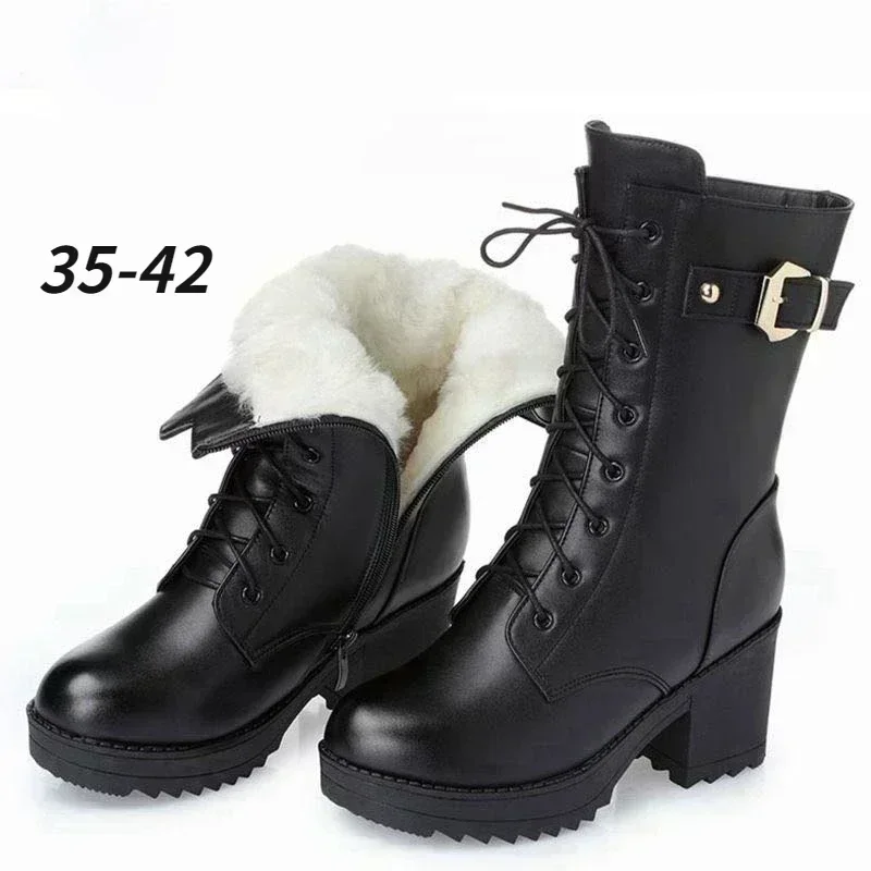 

2025 Winter Women Winter Boots Thick Wool Warm Women High-heeled Genuine Boot High-quality Female Snow Boots Women Shoes