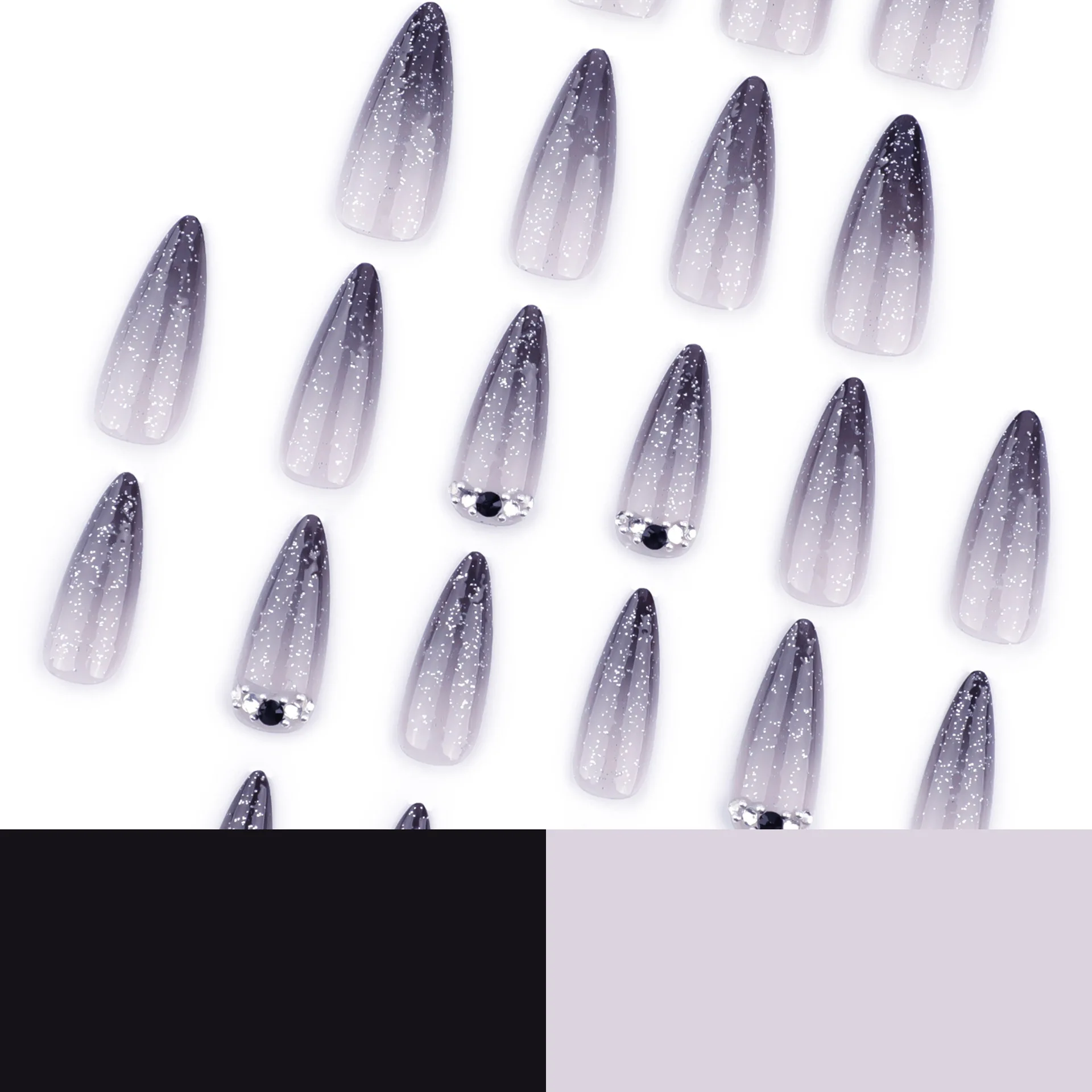 Faux Ongles Stiletto à Pression N64.24 Pièces, Long, Dégradé Noir, Style Français, Paillettes Flash, Nai Diamant, Décoration pour Fille Chaude, Y2k