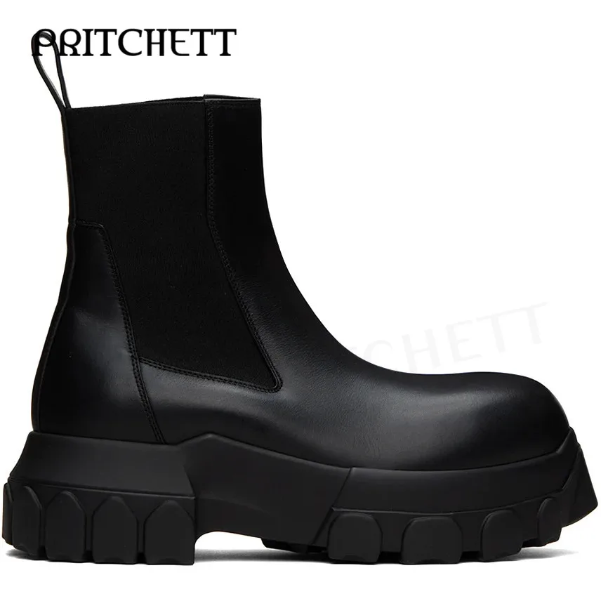 Black Beatle Bozo Tractor Chelsea Boots Round Toe Punk Platform Slip On Booties Plus Size Fashion Statement Men's Boots