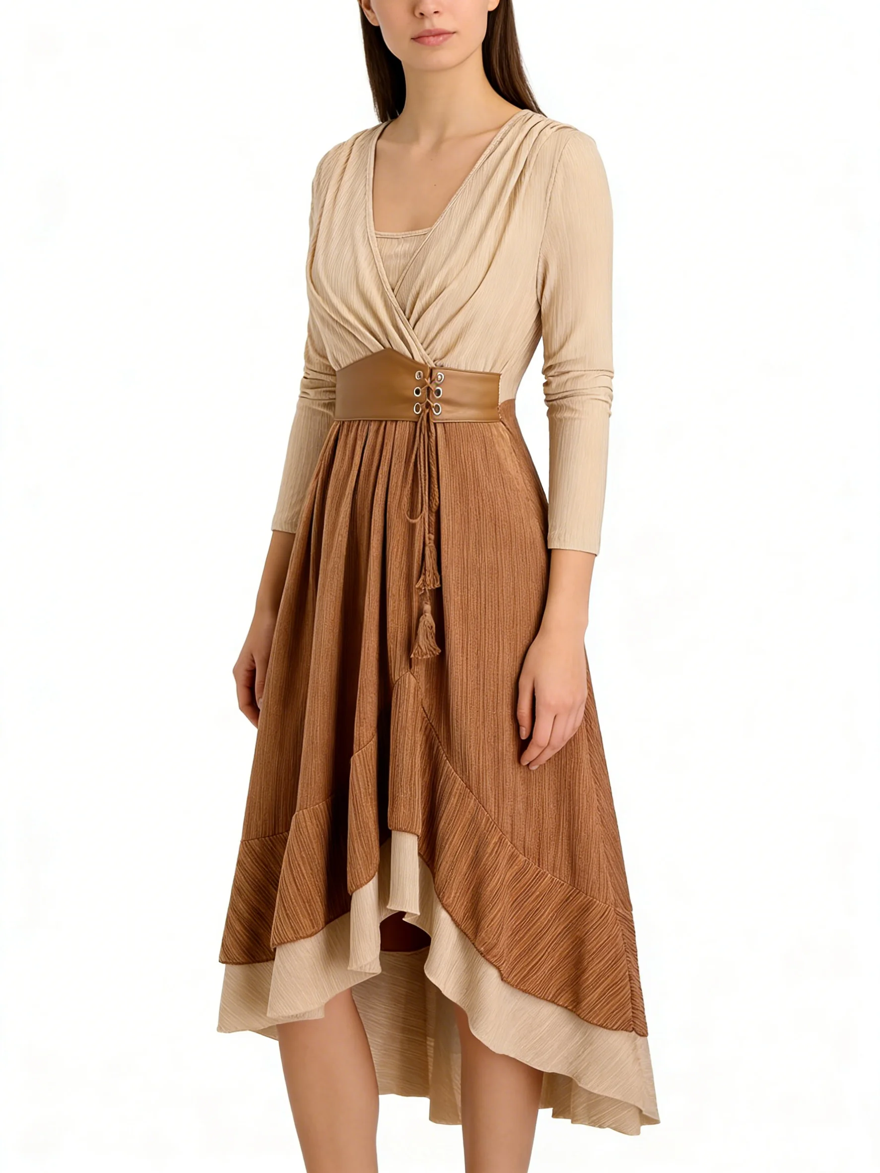 

Платье женское больших размеров в европейско-американском стиле, с пэчворком, завязками из пеньковой веревки, бахромой, карманами, рюшами и ребристой отделкой