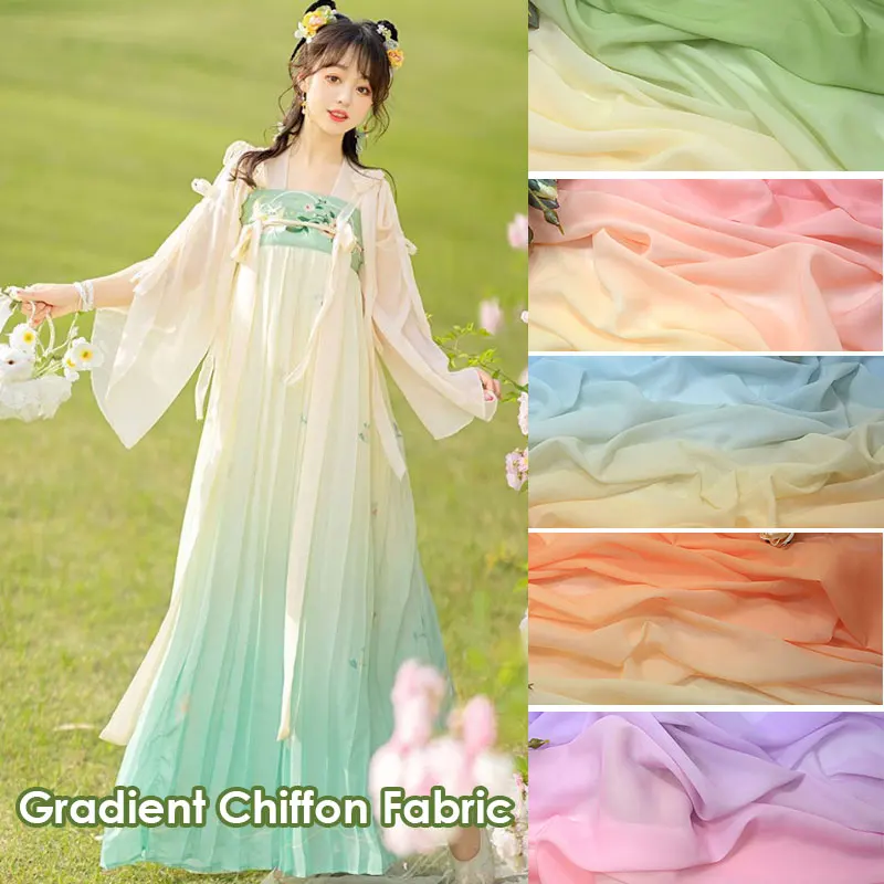 1m Rainbow Gradient Color Thin 100D Chiffon Fabric for DIY Ancient Style Hanfu Dress Stage Costumes Wedding Decor Tulle Fabric