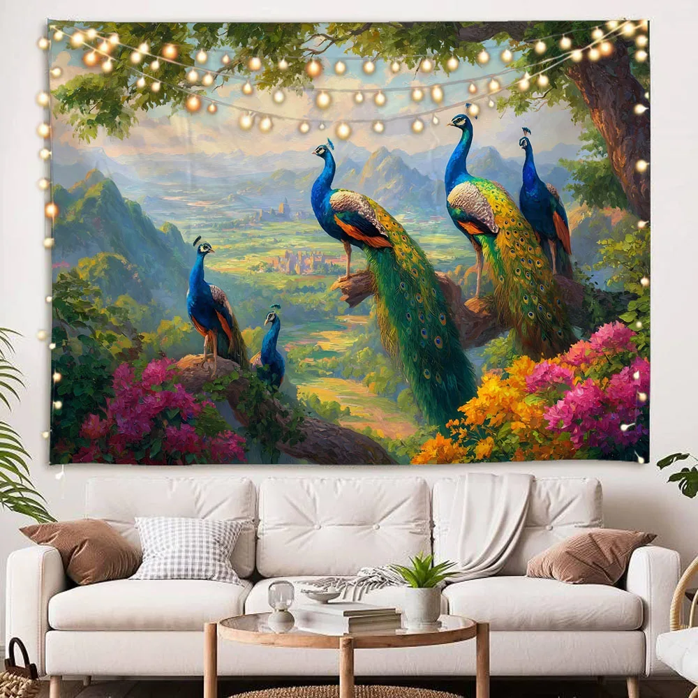 Vintage Jungle Flower Tapestry Elegant Peacock Wall Decor Waterfall Pattern Background Poster Home Aesthetics Enhancer