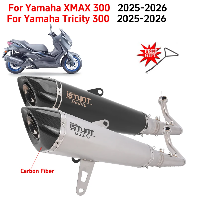 Für Yamaha XMAX 300 Tricity 300 XMAX300 2025 2026 Motorrad-Auspuffanlage mit zwei Sensoren, Krümmerrohr und Carbonfaser-Schalldämpfer