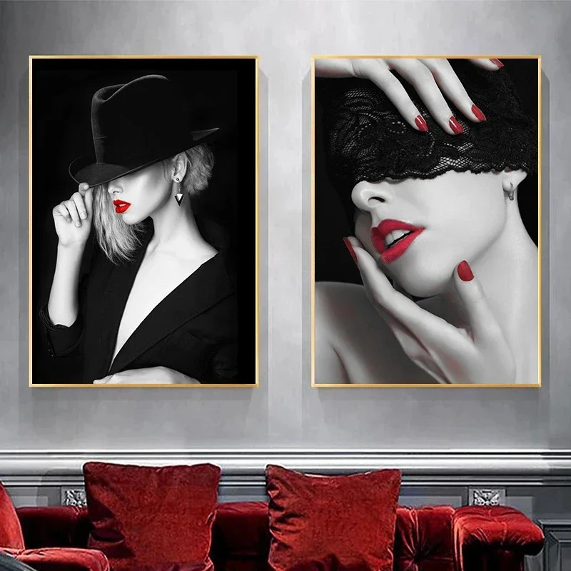 1pc frameless Canvas Painting 1pc frameless Canvas Painting  Red Lips Sexy Woman Canvas Painting Fashion Girl Babes Wall Art Pic
