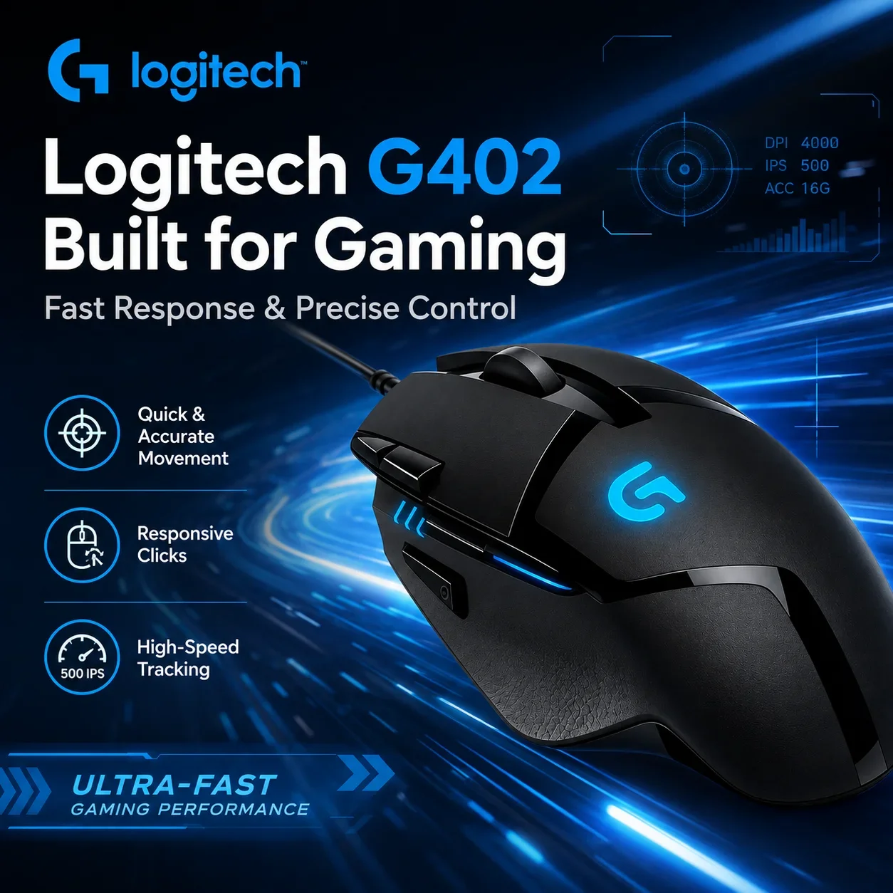 Logitech G402 Budget Wired Gaming Mouse 4000 DPI 8 Programmable Buttons Fusion Engine Affordable Esports Mouse for PC Laptop