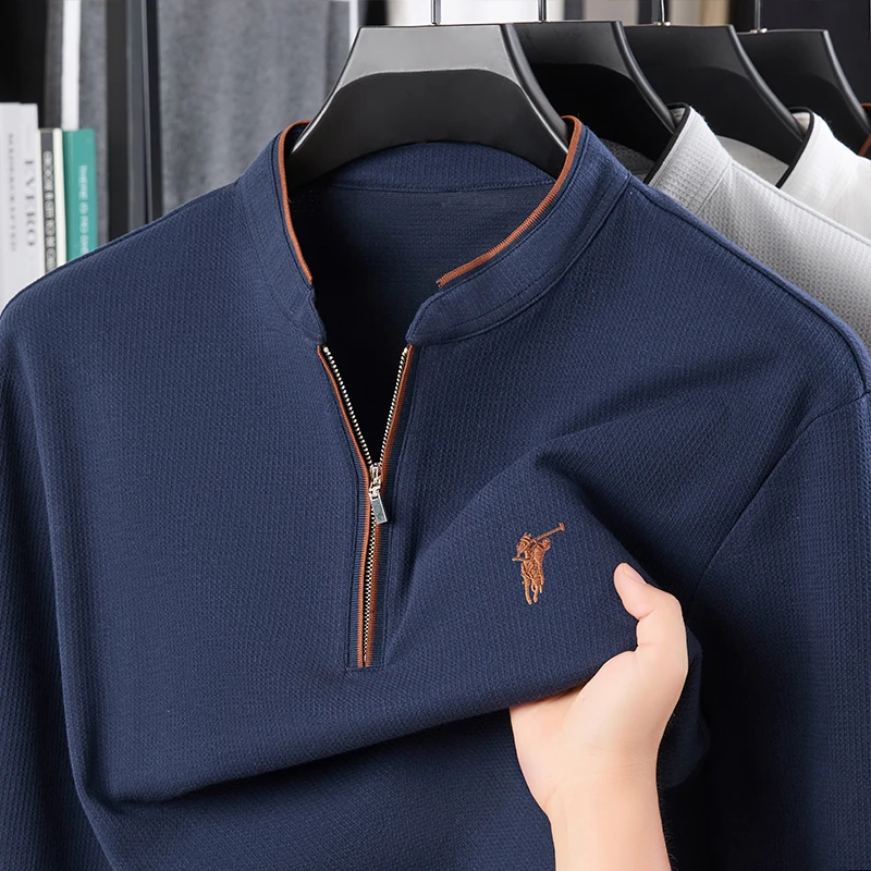 2026 Autumn and Winter Standing Collar Long Sleeved Men's Cotton with Half Zipper Polo Shirt High-end Embroidered Top