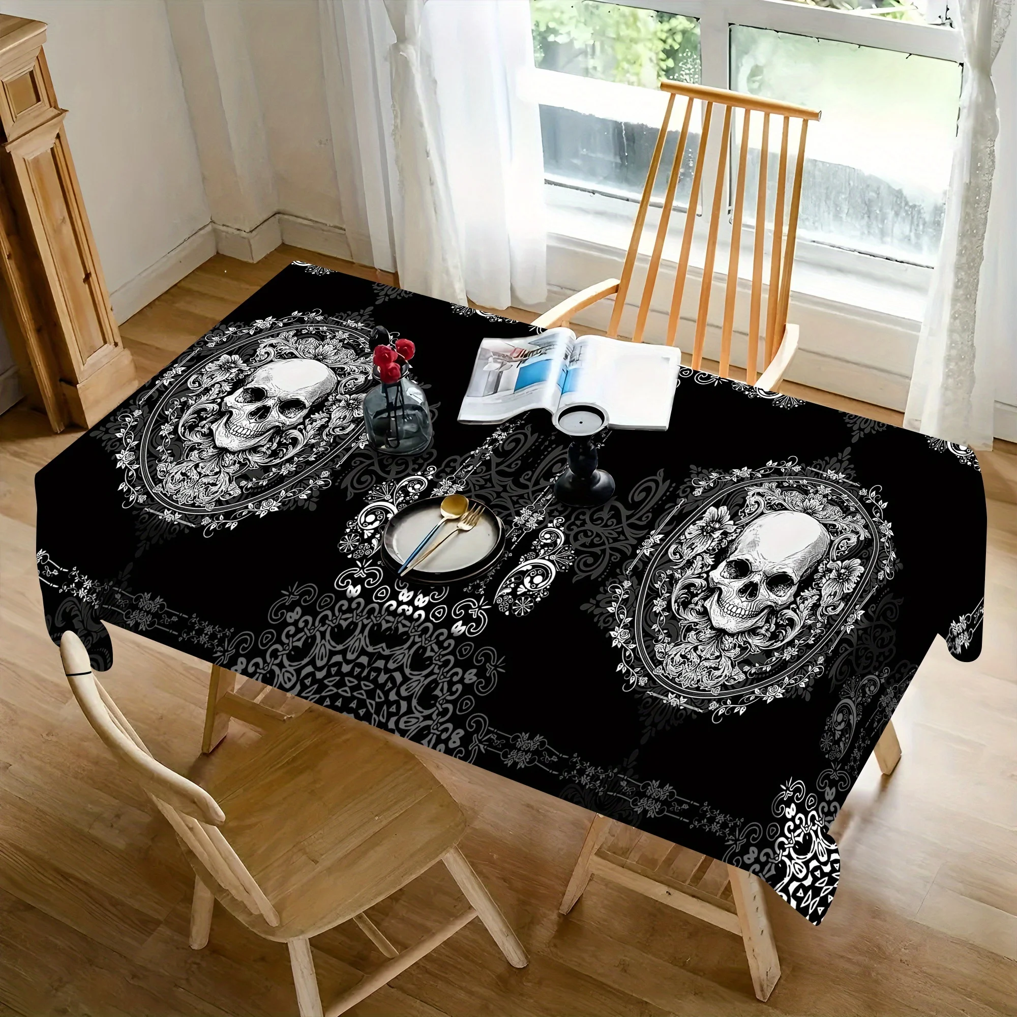 1 PC Gothic-style skull head and exquisite and intricate patterned polyester tablecloth, square/rectangularzyc