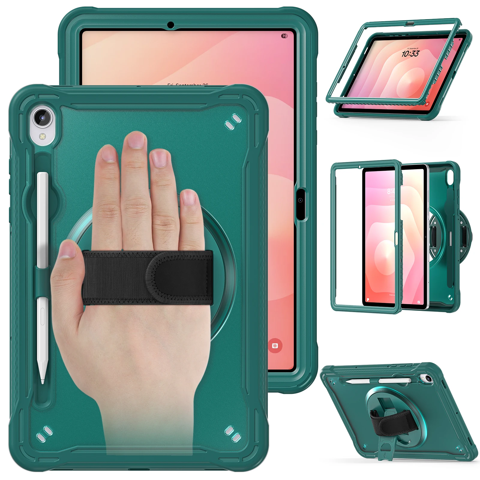 For Samsung Galaxy Tab S11 Case Kickstand PC + TPU + Silicone Tablet Cover with Rotary Hand Strap - Midnight Green
