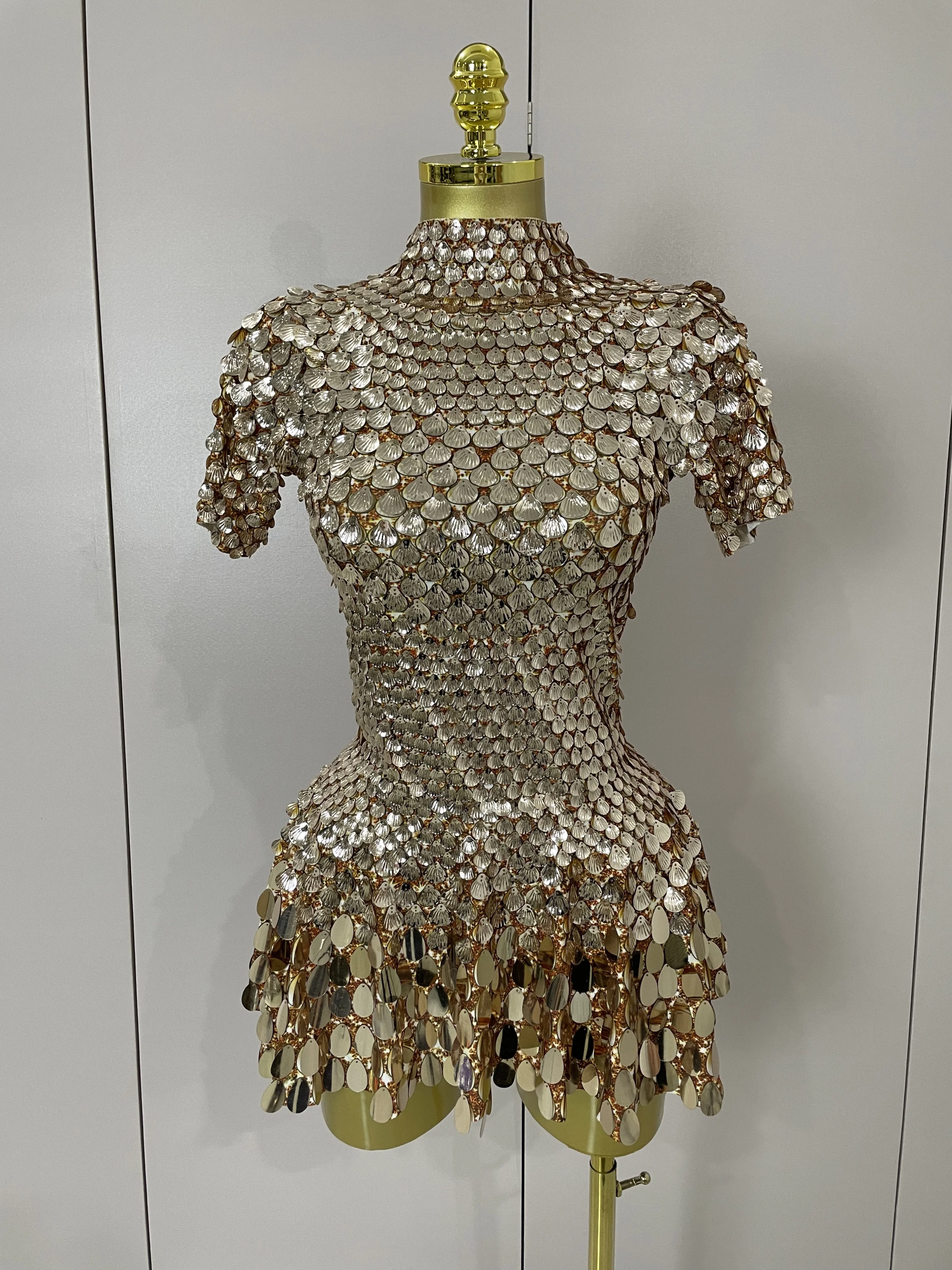 High Quality Shiny Shell Sequins Bodysuit Dress Women Sexy Nightclub Dance Performance Clothing Luxury Birthday Party Dresses