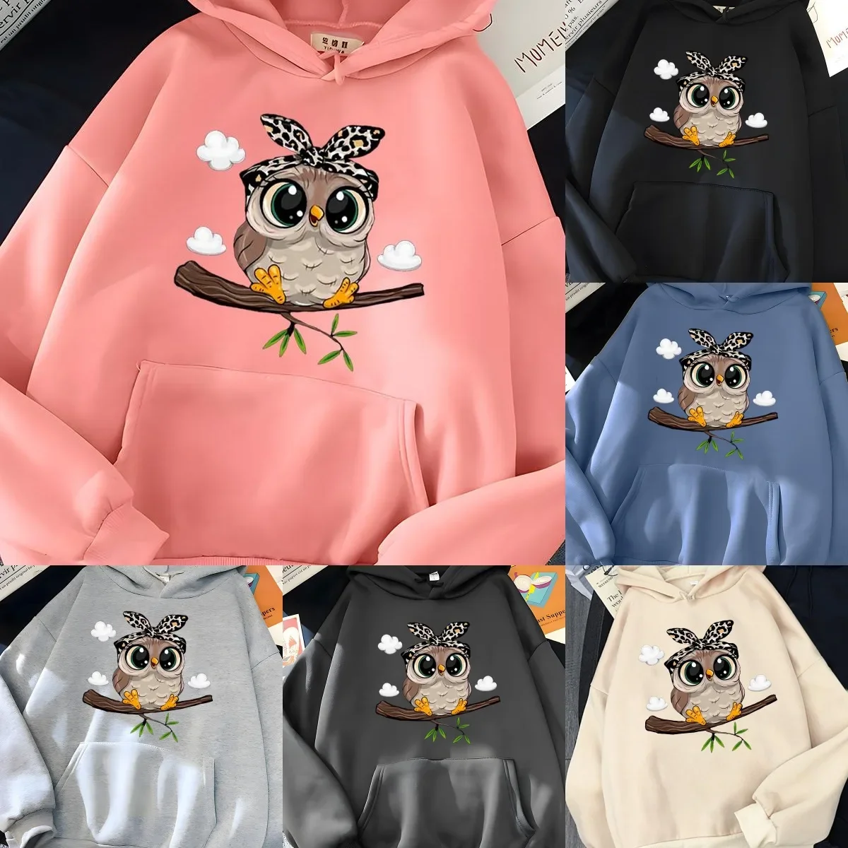 Hirsionsan Kawaii Cartoon Print Hoodies Women Oversized Sportwear Female Sweatshirt Cute Graphic Fleece Ladies Clothes Owl Night