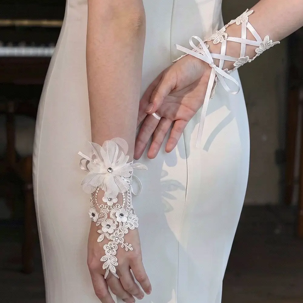 Floral Lace Bridal Gloves Fingerless Ribbon Strappy Wedding Hand Accessories Fashionable Women Party Mittens