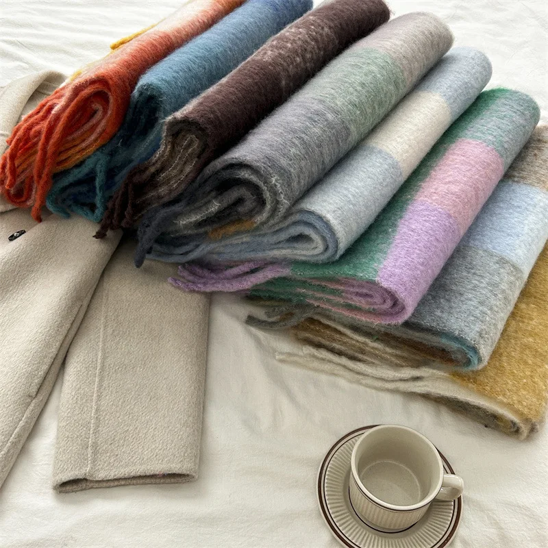 وشاح شتوي سميك بنقشة مربعات، وشاح ناعم ودافئ من صوف الحصان البحري بألوان قوس قزح، متعدد الاستخدامات للنساء في الخريف والشتاء