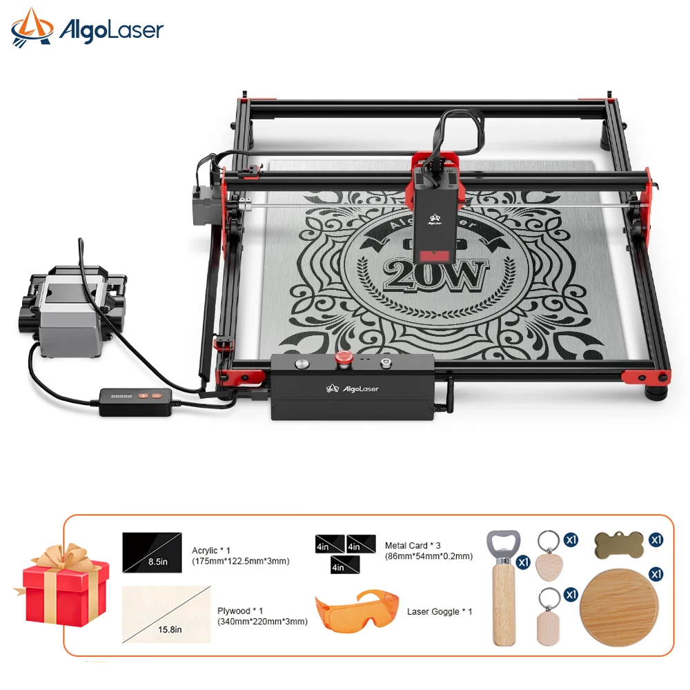 AlgoLaser DIY KIT 20W Laser Engraver with Air Assist Pump, High Accuracy Laser Engraving and Cutting Machine for DIY Wood Logo