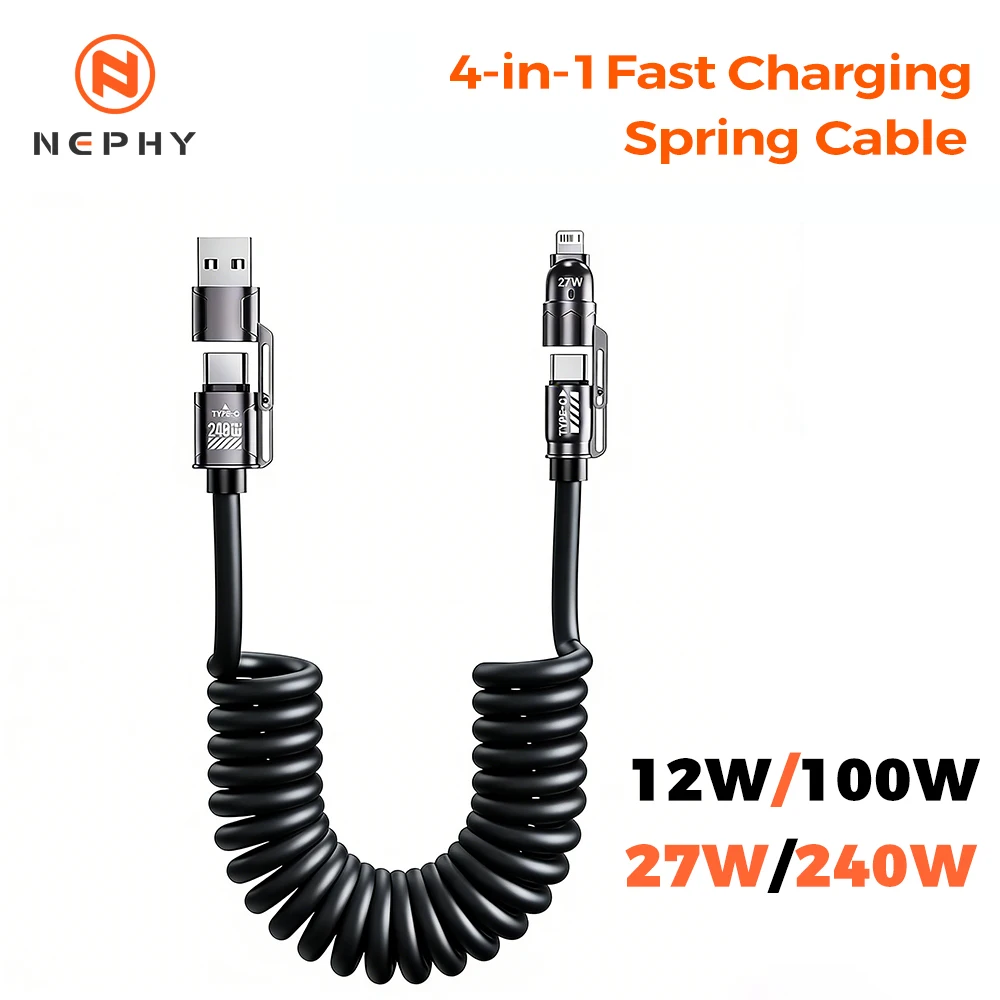 4-in-1 Spring Car Data Cable Fast Charging 240W/100W/27W/12W For iPhone Samsung Huawei Xiaomi iPad USB C Retractable Charge Cord