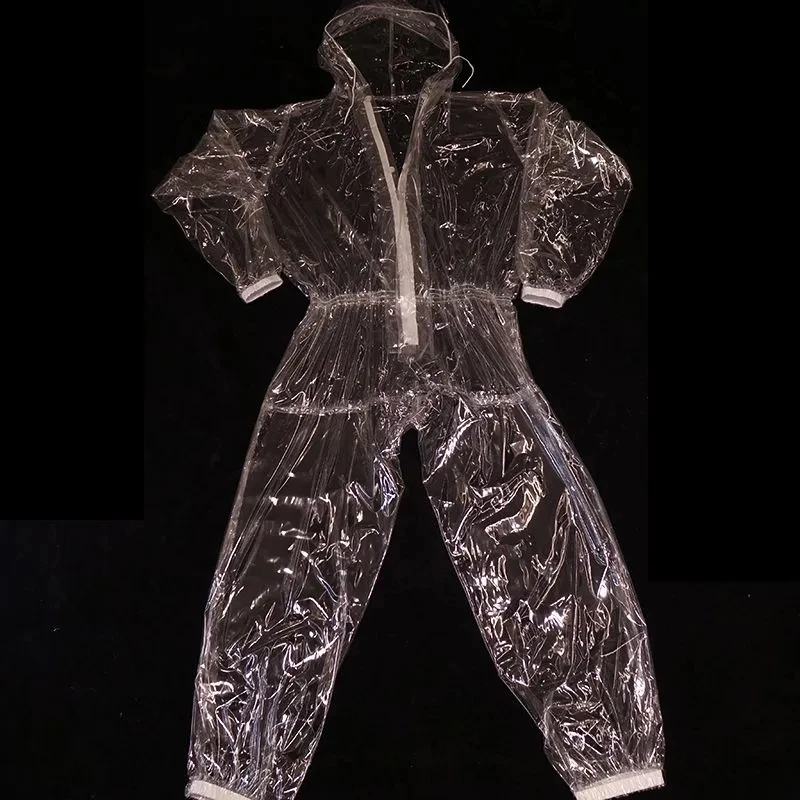 

Сексуальный мужской комбинезон розовый прозрачный ПВХ водонепроницаемый ручной работы Rompe с длинным рукавом с капюшоном непромокаемый бар крутые костюмы DJ Club