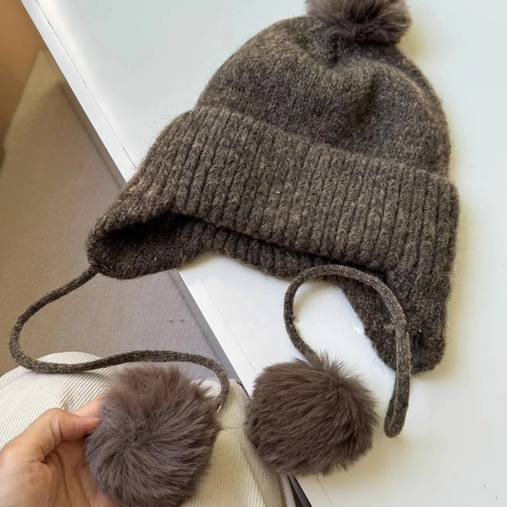 Корейский стиль, шерстяная шапка-бини, вязаная шапка-бомбер с ушками, утолщенная теплая вязаная защита ушей, декоративные аксессуары