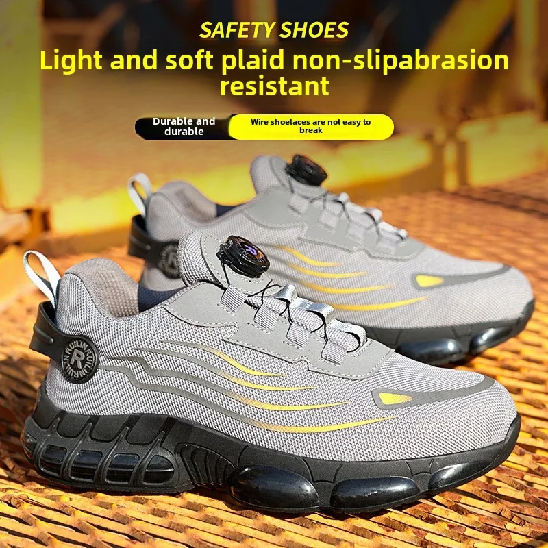 Men's Rotating Button Safety Shoes Steel Toe Puncture Proof Non Slip Work Sneakers Breathable Design Durable Rotating Buckle