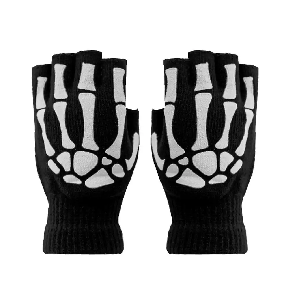 Halloween Punk Gloves Skeleton Skull Half Finger Gloves The Mit Gloves Skull In Claw Elastic Knitted Glow Winter Dark Night Y2A3