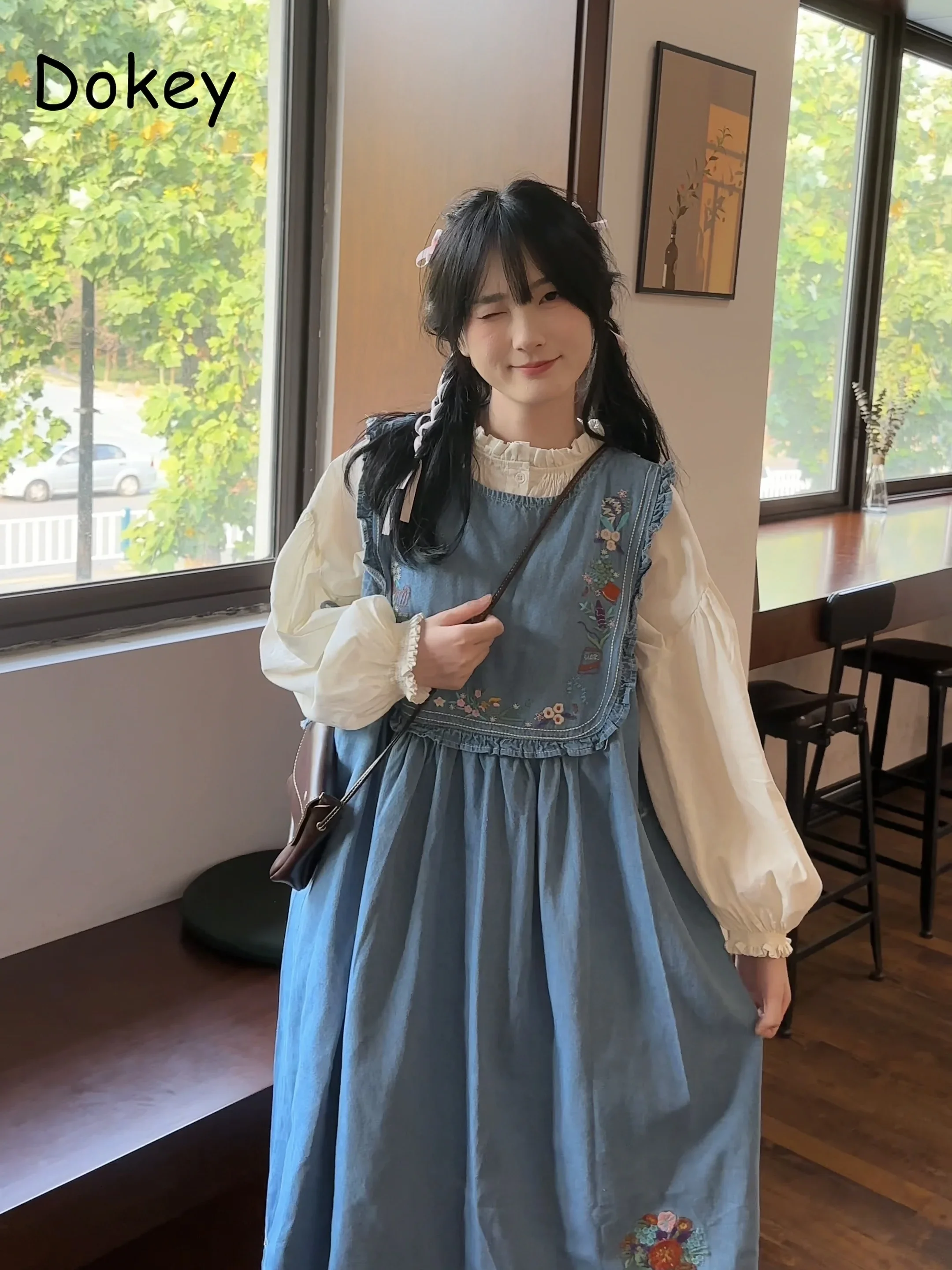 Abito Vintage con bretelle in Denim ricamato donna giapponese Mori Girl Ruffle Jeans senza maniche abito tuta dritta allentata