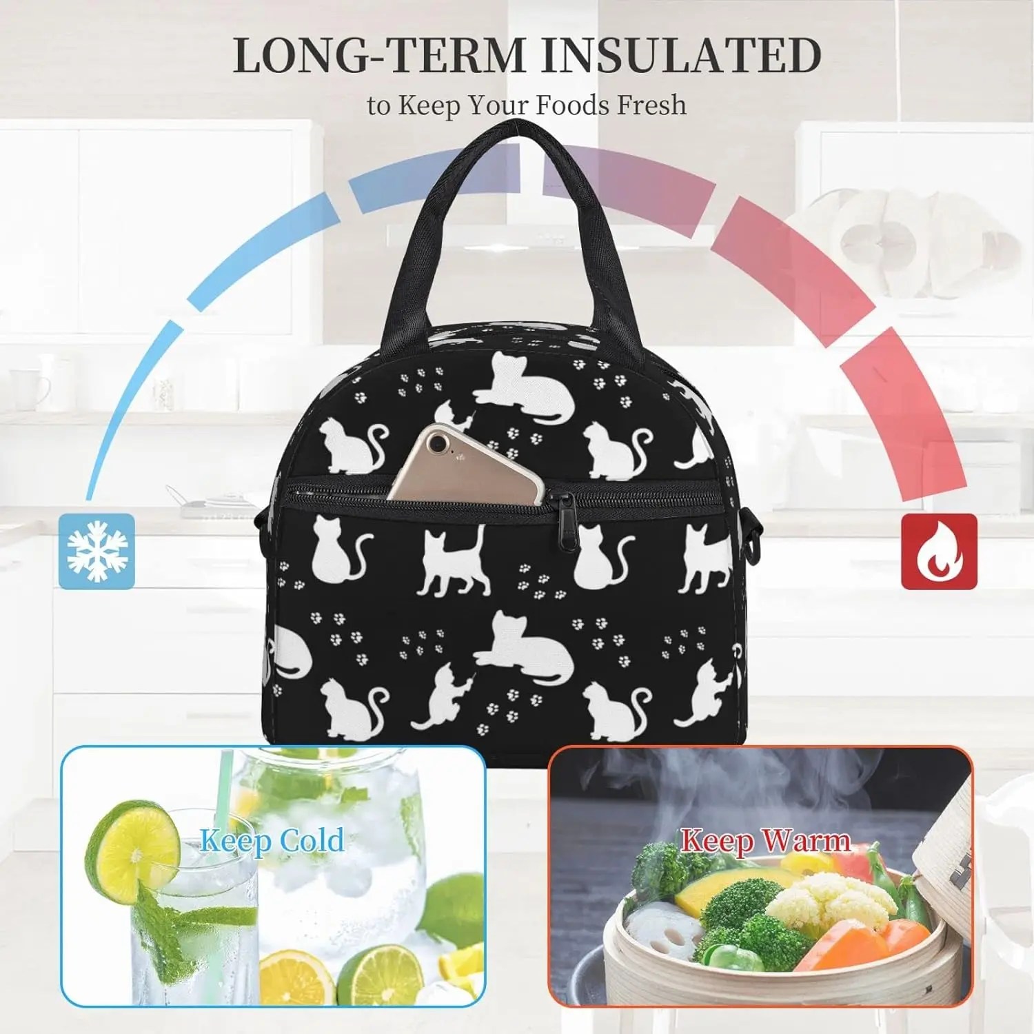 Cute Cats White Silhouette Lunch Bag Animal Paws Reusable Insulated Lunch Tote Bag With Adjustable Shoulder Strap For Work