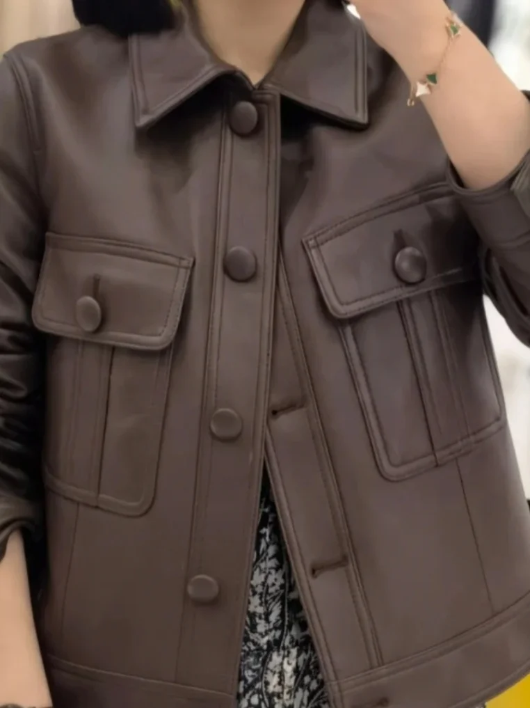 Haierning New Stark Short Jacket Women's Biker Style Long Sleeve Coffee Color Spring Top Single Button Leather Coat