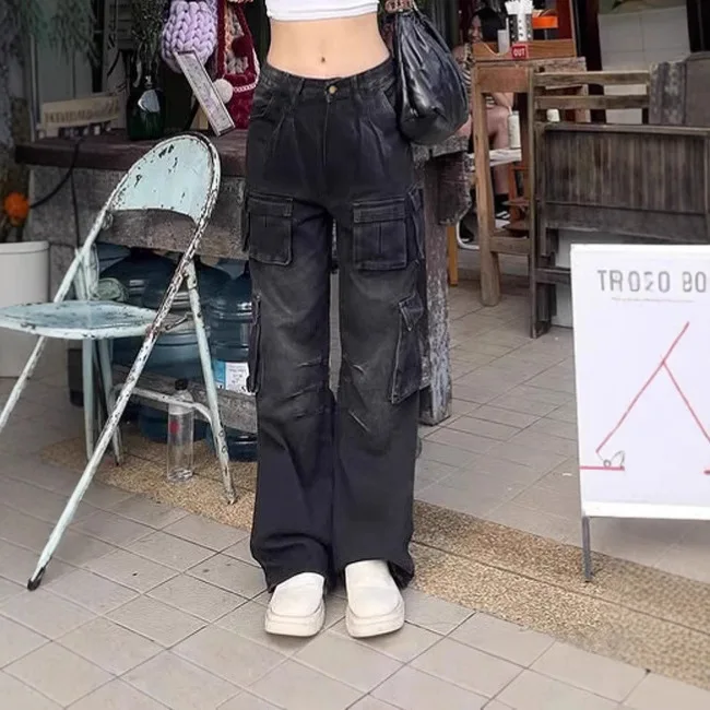 

Jeans Women Cargo Pants Floor Length Vintage Mid Waist Multiple Pockets Distressed Washed 2025 Streetwear Straight Trousers