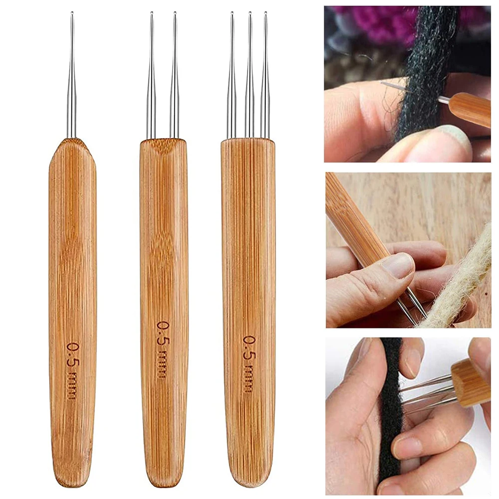 Crochet Hook For Dreadlocks Wig Needle 1/2/3 Hook Needle Hair Extension Tool Braider 0.5Mm/0.75Mm Bamboo Needle Holder