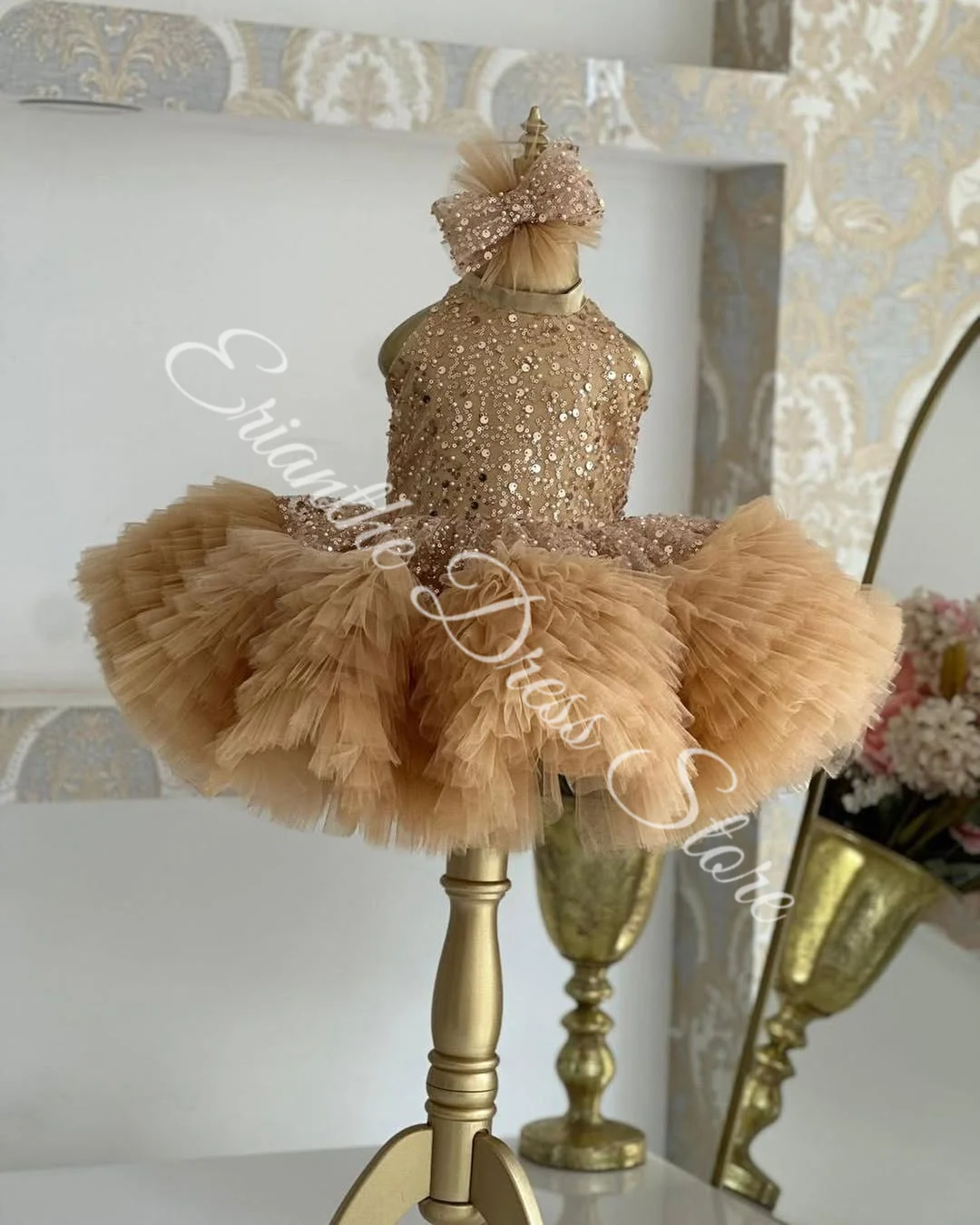 فستان فتاة الزهور المخصص لحفلات الزفاف من الدانتيل المطرز بالترتر منتفخ الطبقات مخصص للأطفال حفلة عيد ميلاد أول مناولة فستاين سهرة/فساتين الحفلات