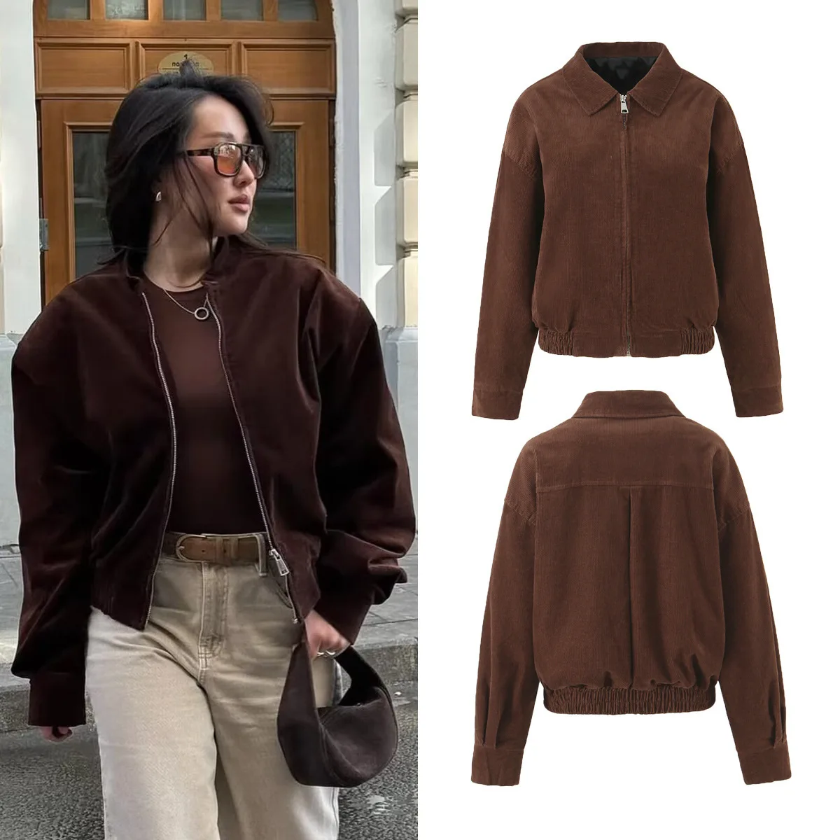 

Женская одежда, осень 2024, вельветовая куртка с отложным воротником и длинными рукавами на молнии, пальто для женщин D79819