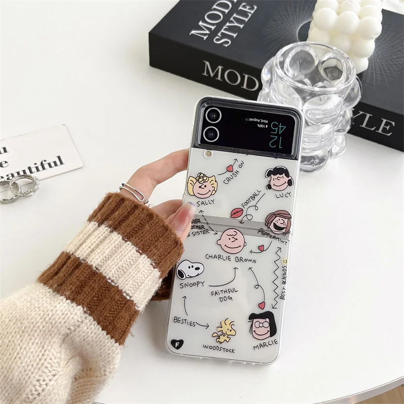 Cute Cartoon Snoopy Peanuts Clear For Samsung Galaxy Z Flip4 Flip3 Fold4 Fold3 Transparent Hard PC Folding Shockproof Back Cover