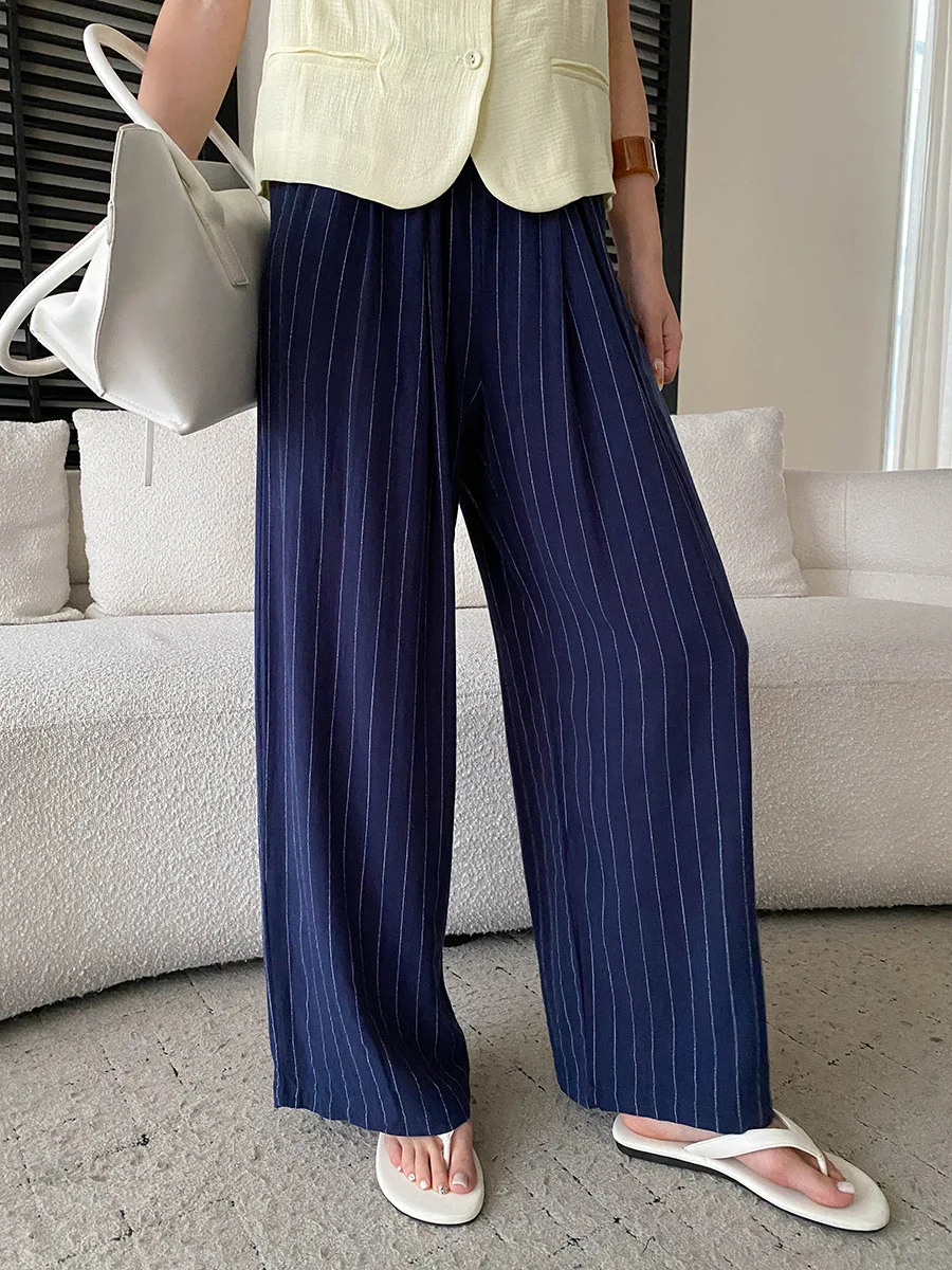 

Summer women's elastic high waist slimming striped wide leg casual pants
