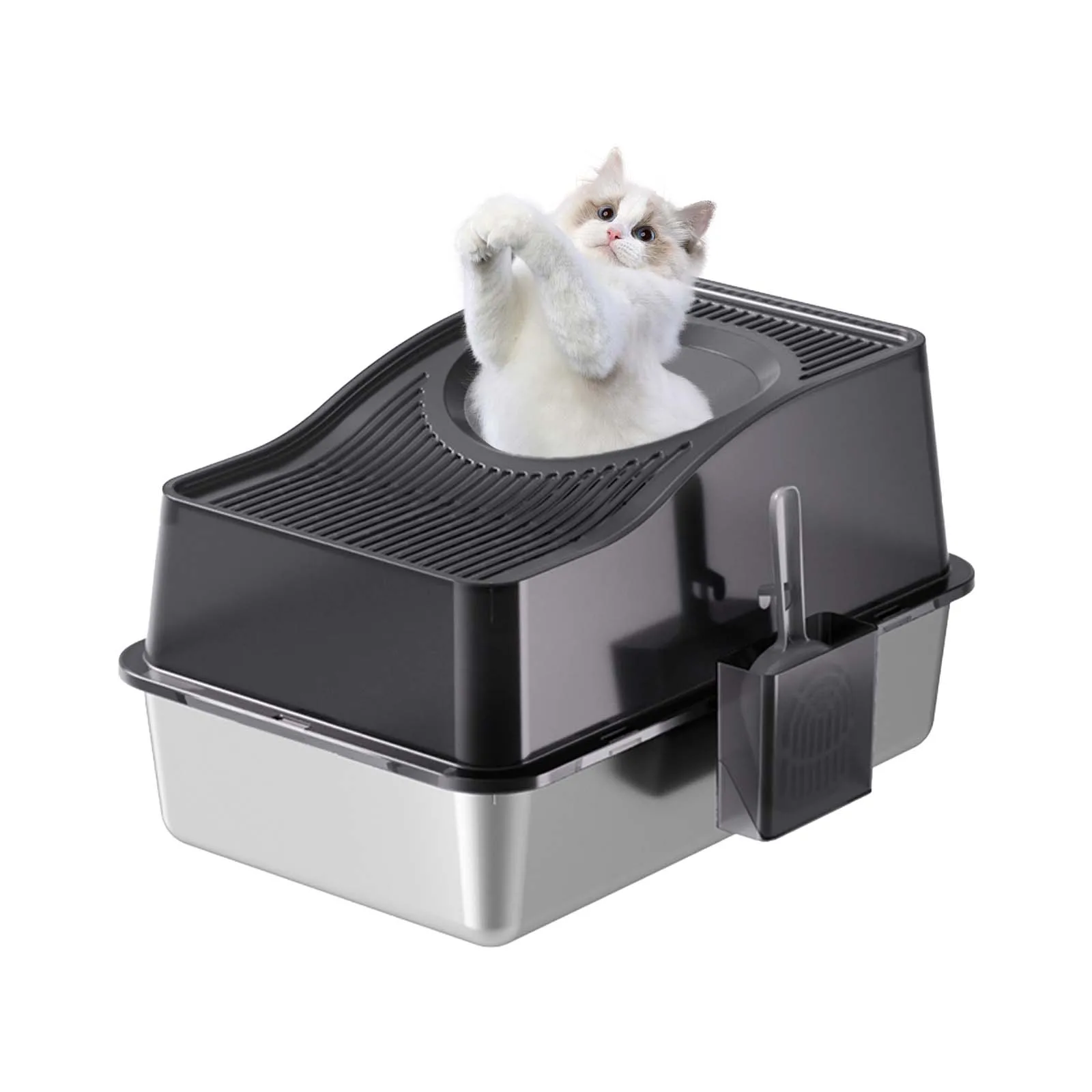 Katzentoilette aus Edelstahl mit Deckel, geschlossener Katzentoilette mit Katzenstreumatte und Schaufel, extra große hochseitige Katzentoiletten,
